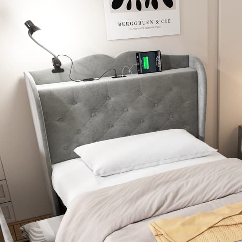 Grey Velvet Single Bed with Smart Storage & USB Charging - image 4