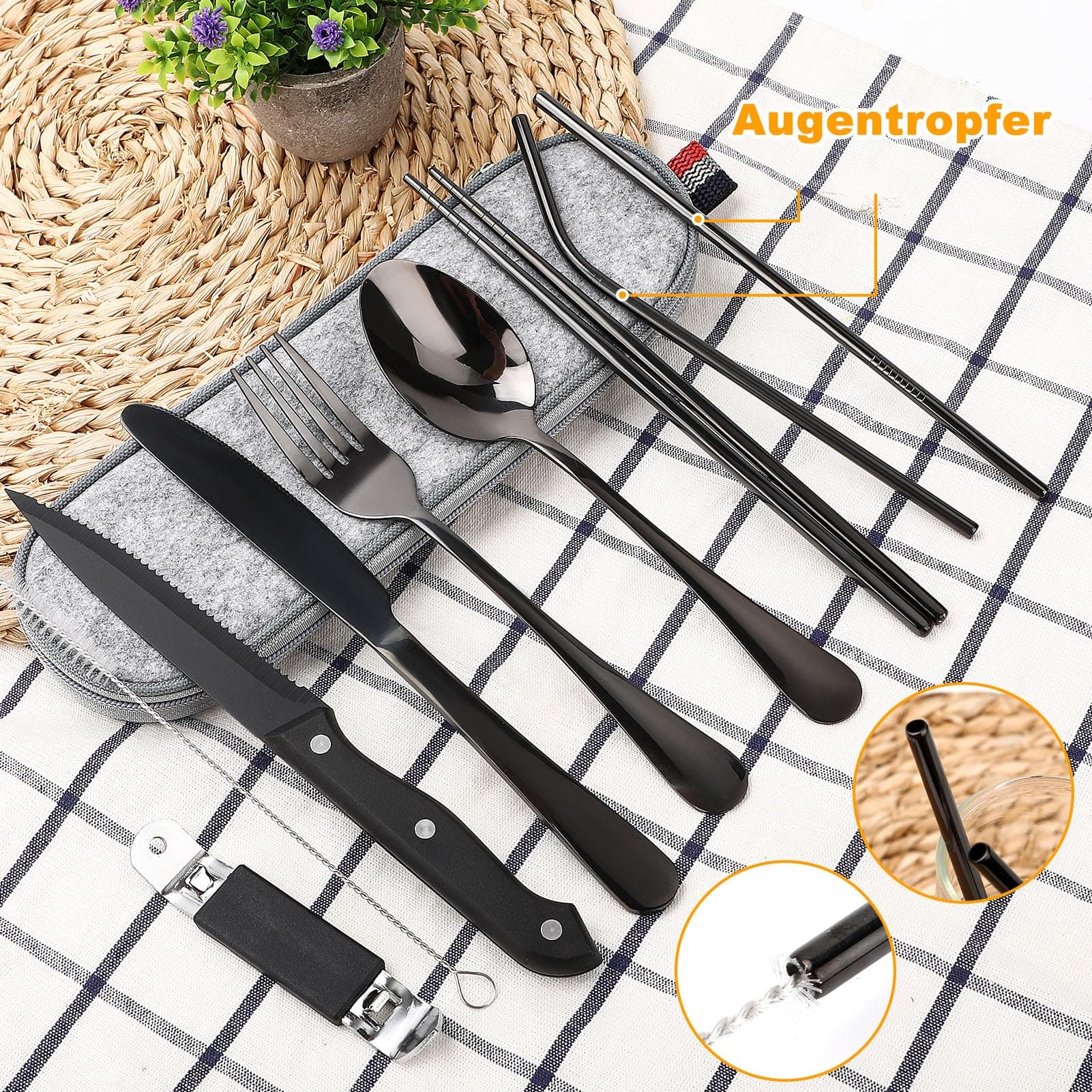 9-Piece Camping Cutlery Set in Black Stainless Steel with Felt Case - image 13