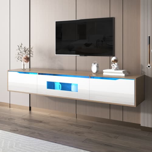 Modern TV Stand with LED Lighting, 180cm, High Gloss White & Wood Effect - image 8