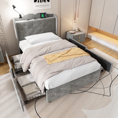 Grey Velvet Single Bed with Smart Storage & USB Charging - image 17