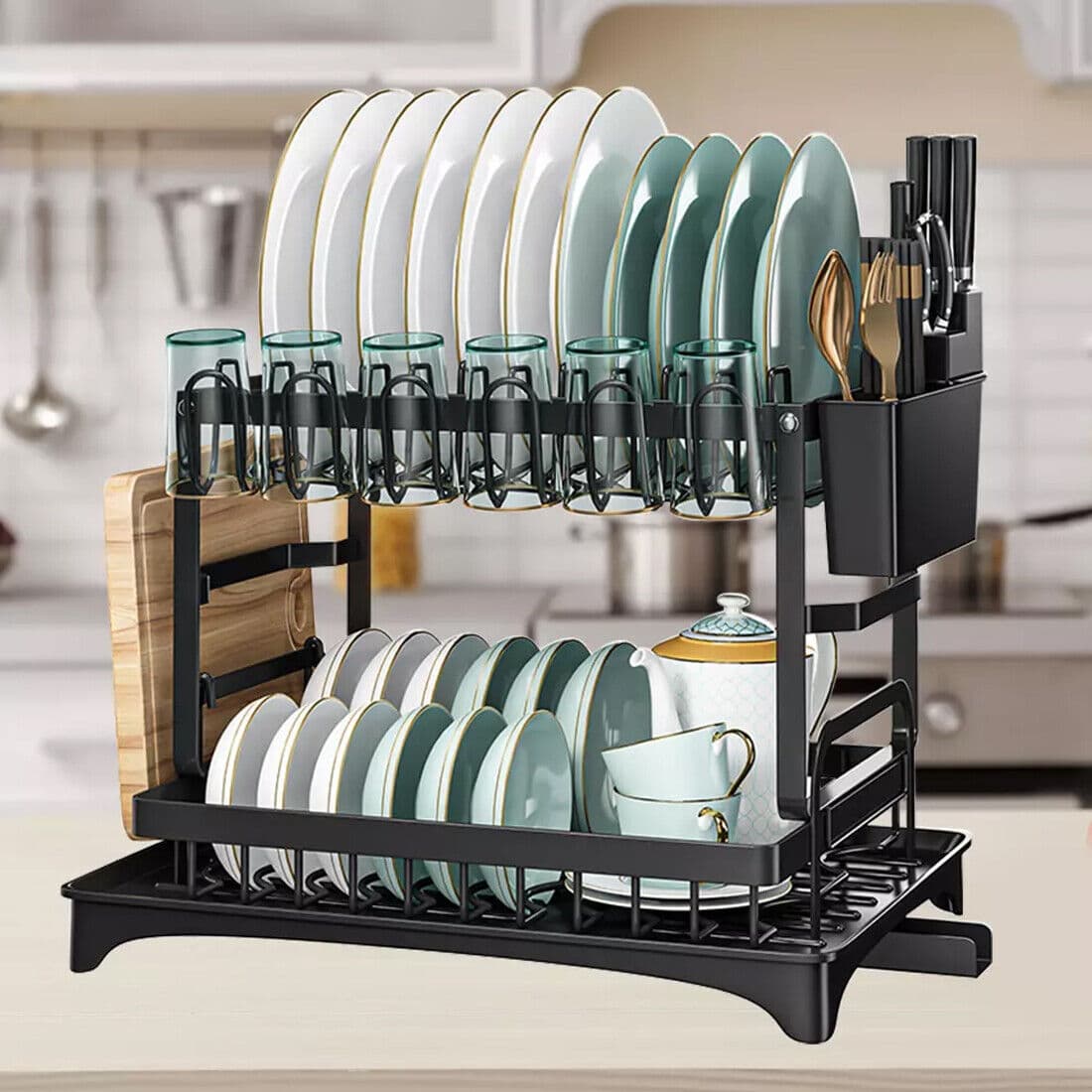 Transform Your Kitchen with this 2-Tier Black Dish Drainer