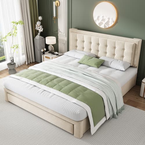 Elegant Cream Velvet Double Bed with Smart Under-Bed Storage - image 8