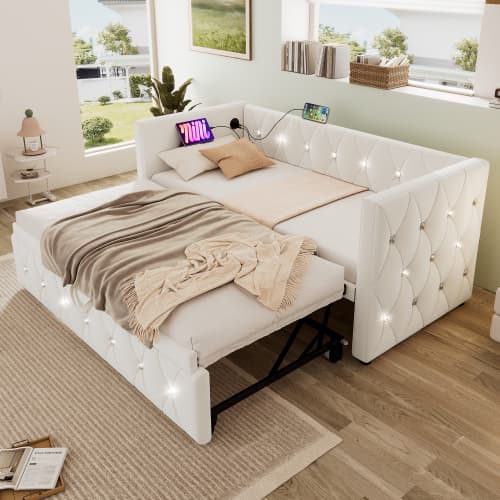 Upholstered Single Day Bed with Pull-Out Trundle and USB Charging - image 10