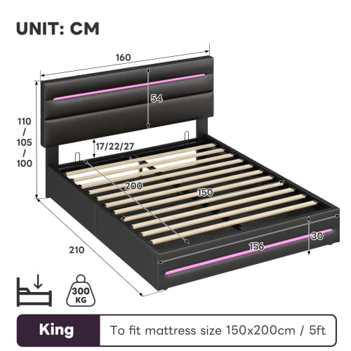 Smart King Size Ottoman Bed with LEDs, USB & Hydraulic Storage - image 2