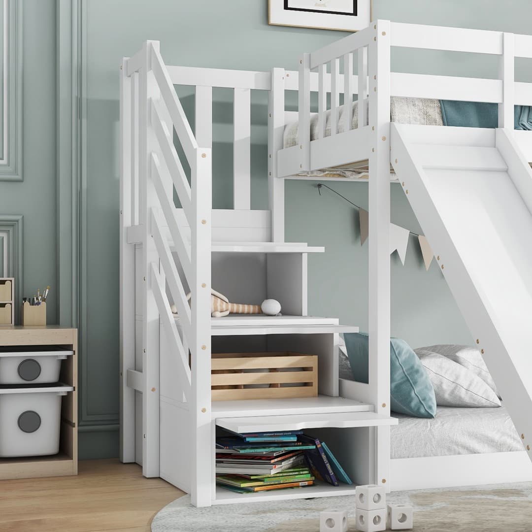 Solid Pine Bunk Bed with Slide and Storage Staircase, White Finish - image 14