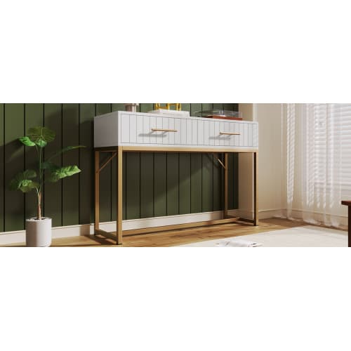 White Dressing Table with Ribbed Front & Gold Details - image 14