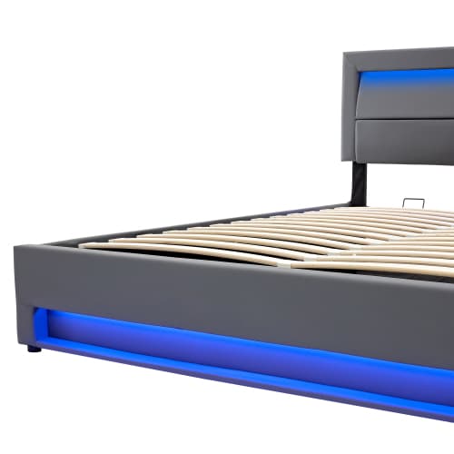 Grey Upholstered Double Bed (4ft6) with Storage, LED Lights & USB Port - image 3