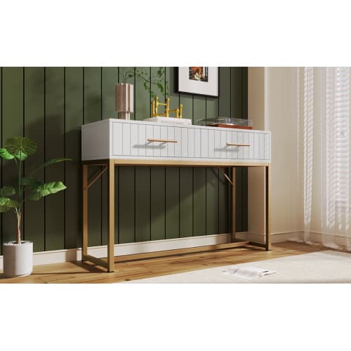 White Dressing Table with Ribbed Front & Gold Details - image 8