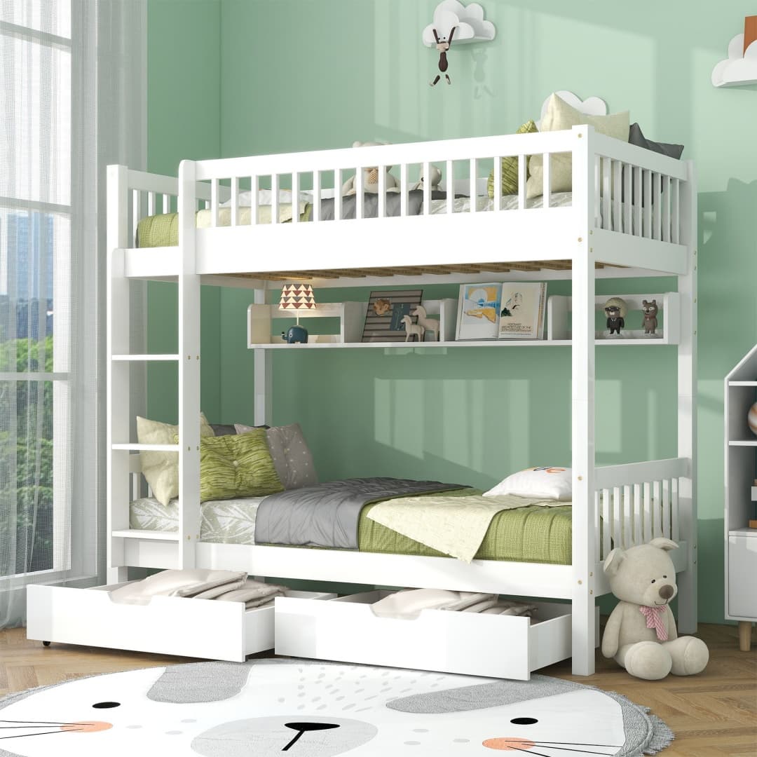 White Solid Pine Kids Bunk Bed with Storage Drawer & Shelf