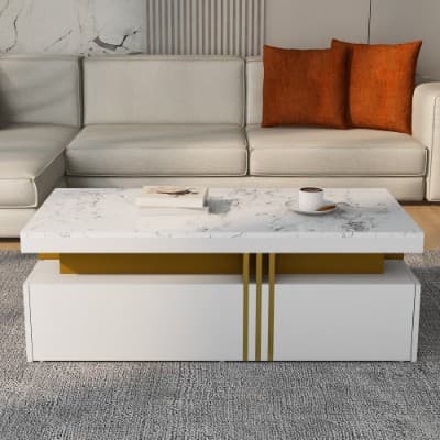 Modern White Coffee Table with Marble Effect Top and 2 Drawers - image 11