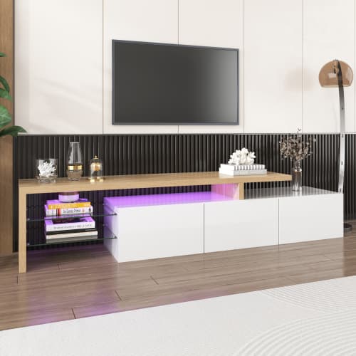 Contemporary TV Stand with LED Lighting, High Gloss White & Wood Effect - image 14