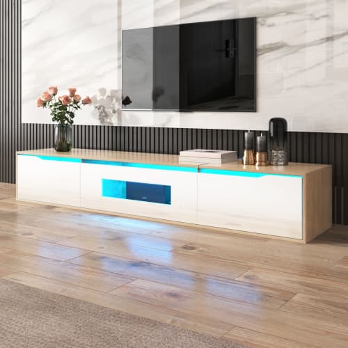 Modern TV Stand with LED Lighting, 180cm, High Gloss White & Wood Effect - image 12