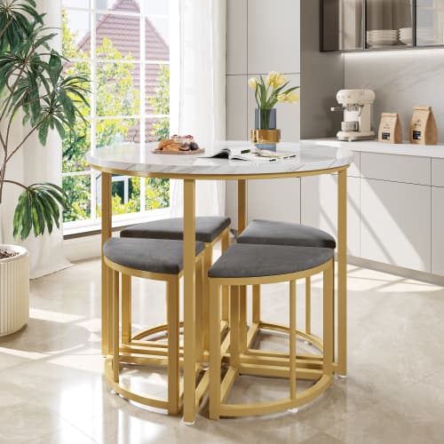 Modern Round Dining Set with Marble Effect Top & 4 Stools - image 14