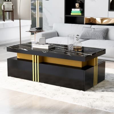 Modern White Coffee Table with Marble Effect Top and 2 Drawers - image 2