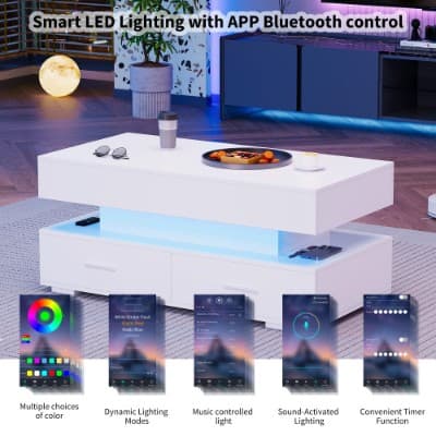 White Lift-Top Coffee Table with LED Lighting and 2 Drawers - image 3