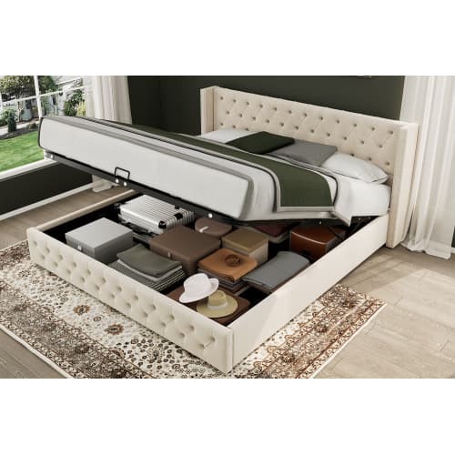 Upholstered King Size Ottoman Bed in Beige Velvet - image 8