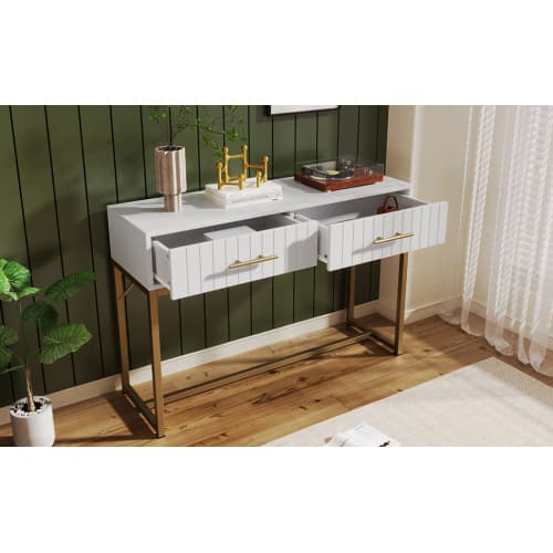 White Dressing Table with Ribbed Front & Gold Details - image 24