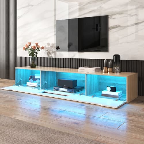 Modern TV Stand with LED Lighting, 180cm, High Gloss White & Wood Effect - image 11