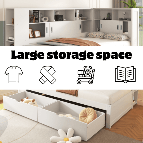 White Single Cabin Bed with Trundle, Storage and USB Ports - image 9