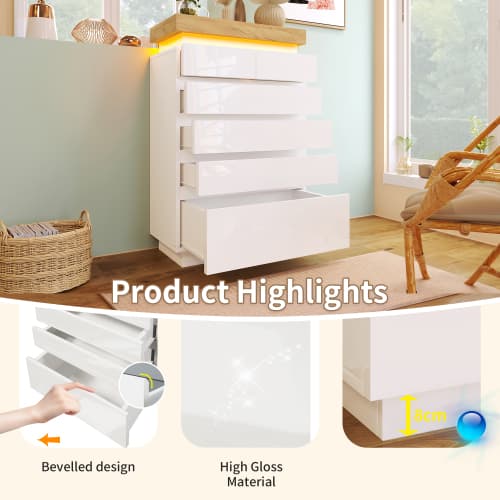 Modern White High Gloss Chest of 6 Drawers with LED Lighting - image 2