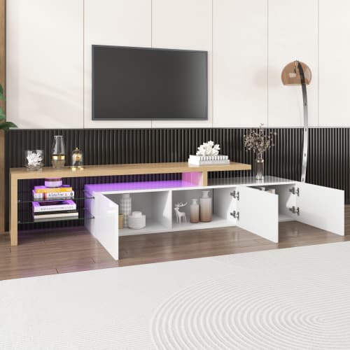 Contemporary TV Stand with LED Lighting, High Gloss White & Wood Effect - image 15