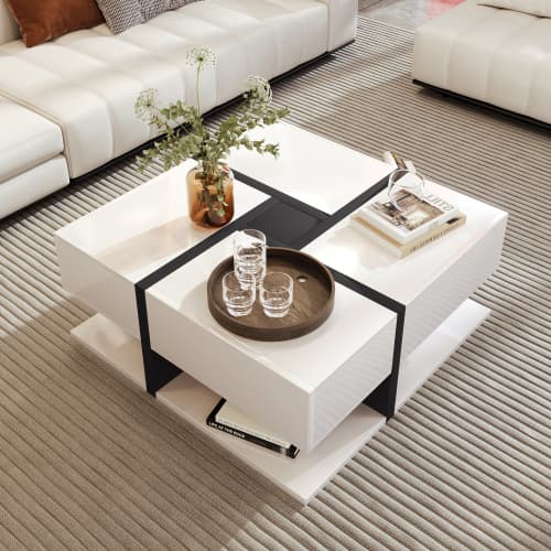 Modern Square White Coffee Table with 4 Storage Drawers - image 3