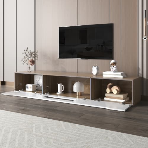 Modern TV Stand with LED Lighting, 180cm, High Gloss White & Wood Effect - image 2