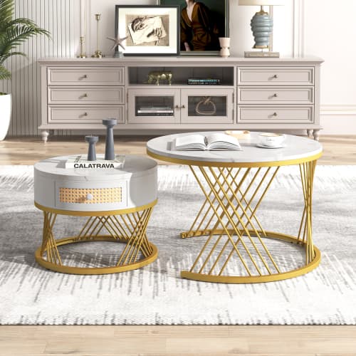 Set of 2 Round Nesting Coffee Tables with Gold Legs & Storage - image 23