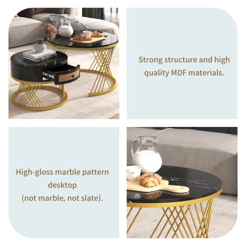 Set of 2 Round Nesting Coffee Tables with Gold Legs & Storage - image 3
