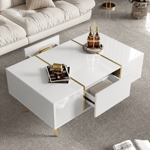 Modern High Gloss White Coffee Table with Gold Accents - image 17