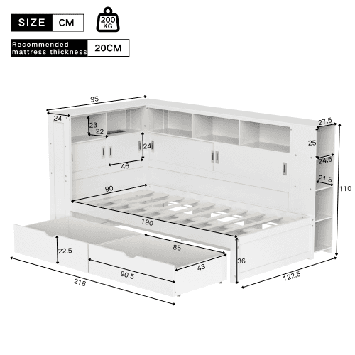 White Single Cabin Bed with Trundle, Storage and USB Ports - image 13