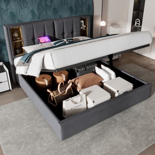 Upholstered King Size Ottoman Bed with Smart Headboard - Grey