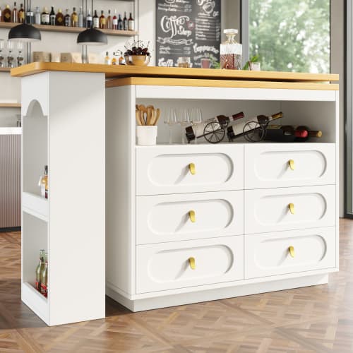 Rotating & Extending Bar Table with 6 Drawers, White - image 11