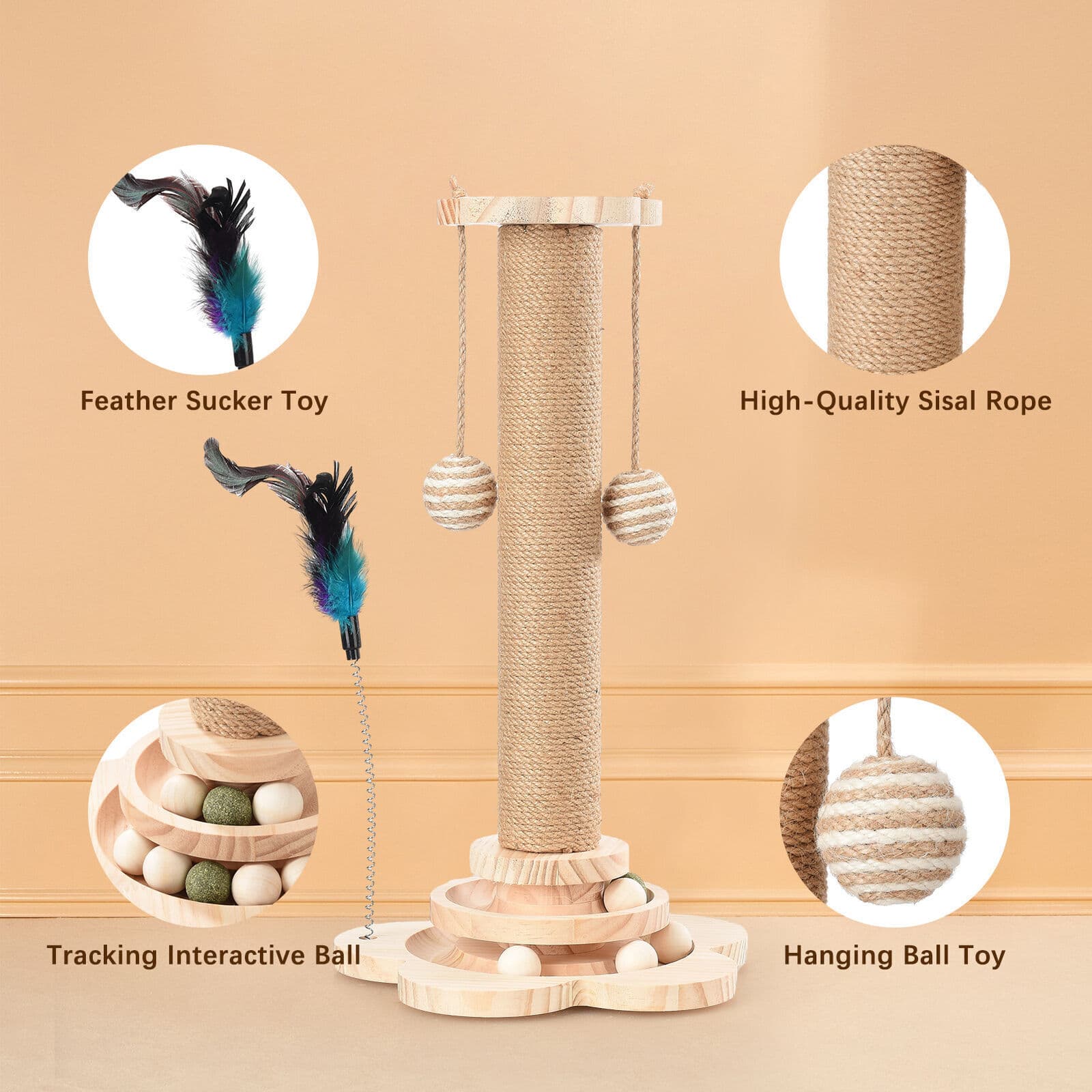 Wooden Cat Activity Centre with Scratching Post and Ball Track - image 5