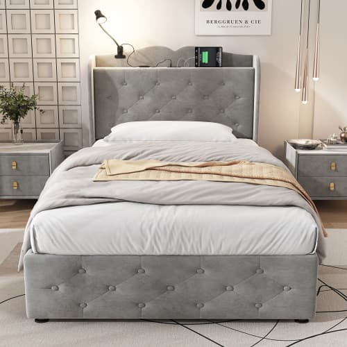 Grey Velvet Single Bed with Smart Storage & USB Charging - image 26
