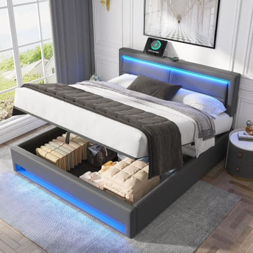 Grey Upholstered Double Bed (4ft6) with Storage, LED Lights & USB Port - image 12
