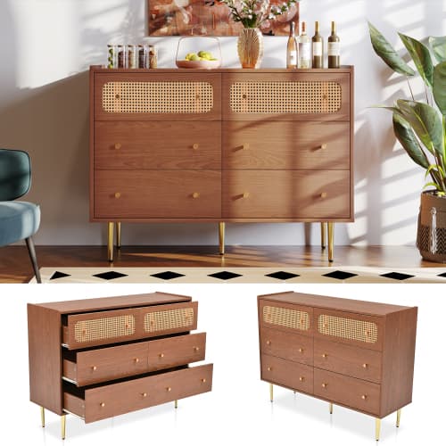 Vintage-Style Sideboard with 6 Rattan-Front Drawers - image 1