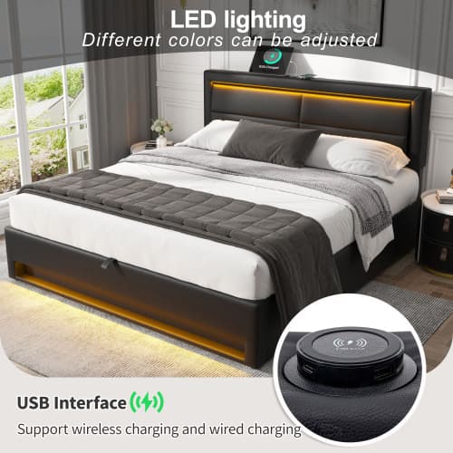 Upholstered Double Bed (4ft6) with LED Lights, USB Charging & Ottoman Storage - image 4