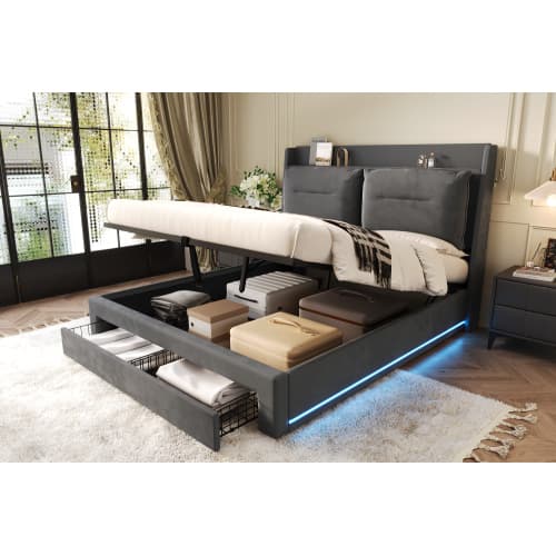 Velvet Upholstered Double Ottoman Bed with Smart Storage & LED - image 1
