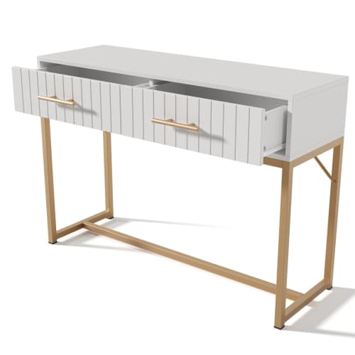 White Dressing Table with Ribbed Front & Gold Details - image 2