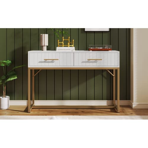 White Dressing Table with Ribbed Front & Gold Details - image 23