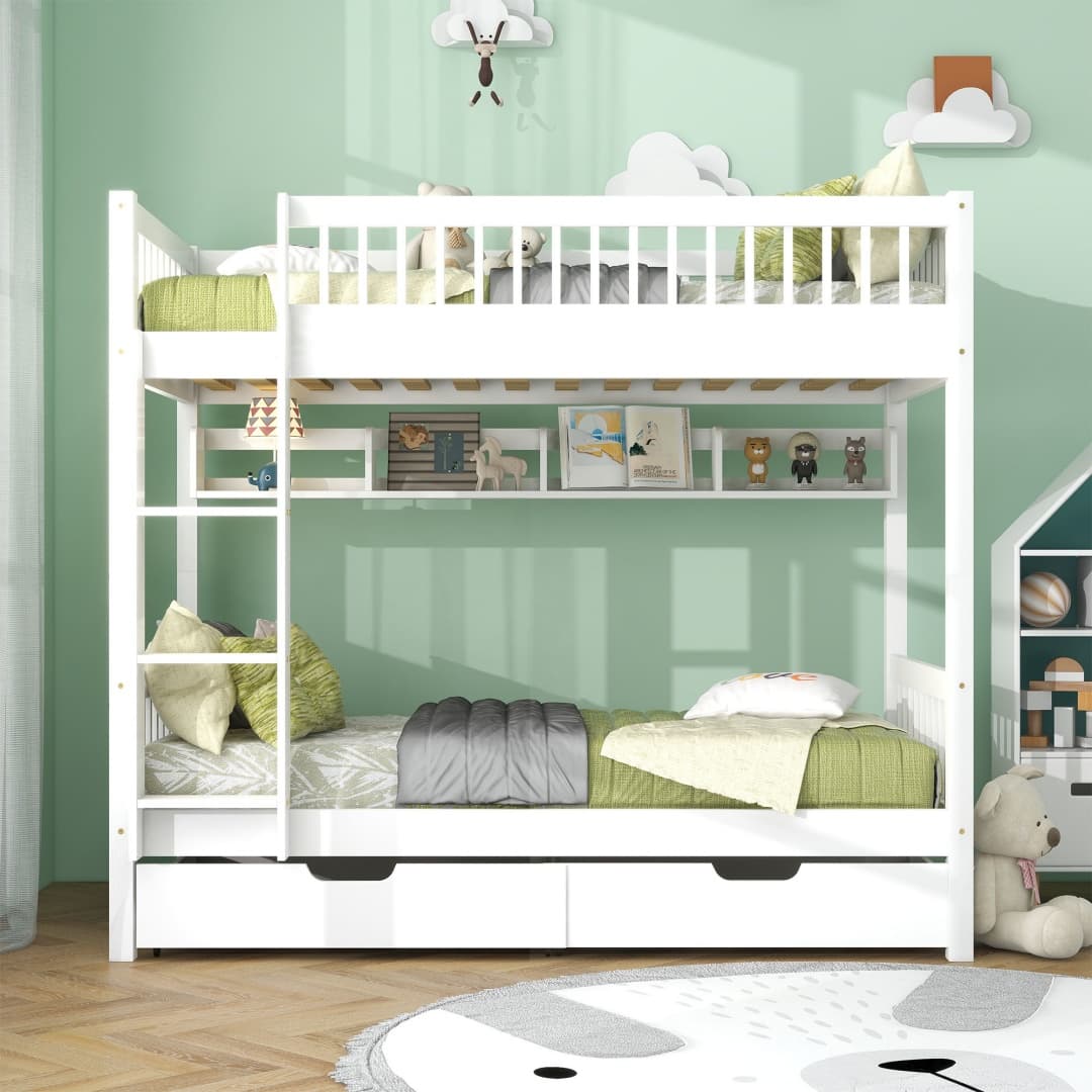 White Solid Pine Kids Bunk Bed with Storage Drawer & Shelf - image 8