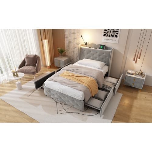 Grey Velvet Single Bed with Smart Storage & USB Charging - image 19