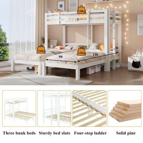 Triple Sleeper Bunk Bed for Kids & Teens - White - image 24