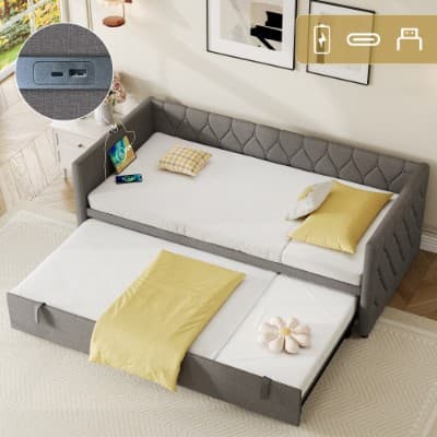 Button-Tufted Day Bed with Pull-Out Trundle and Charging Station - image 14