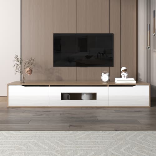 Modern TV Stand with LED Lighting, 180cm, High Gloss White & Wood Effect - image 3