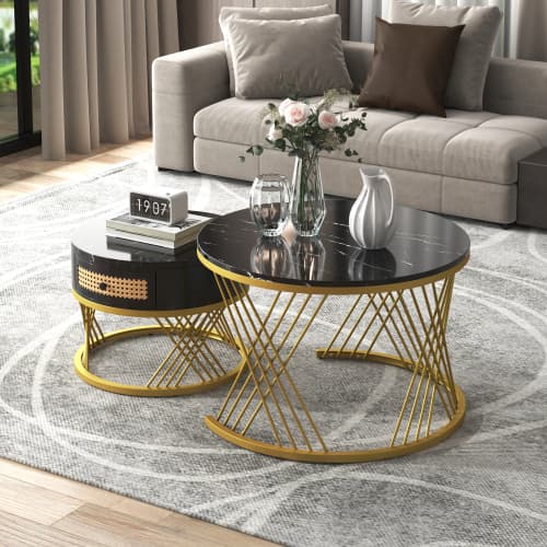 Set of 2 Round Nesting Coffee Tables with Gold Legs & Storage - image 21