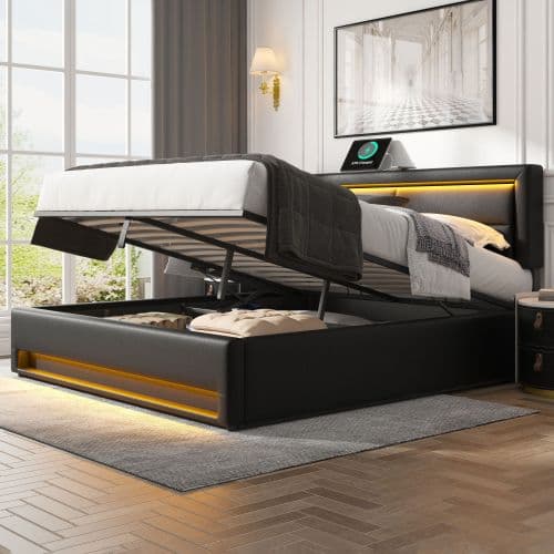 Upholstered Double Bed (4ft6) with LED Lights, USB Charging & Ottoman Storage - image 2