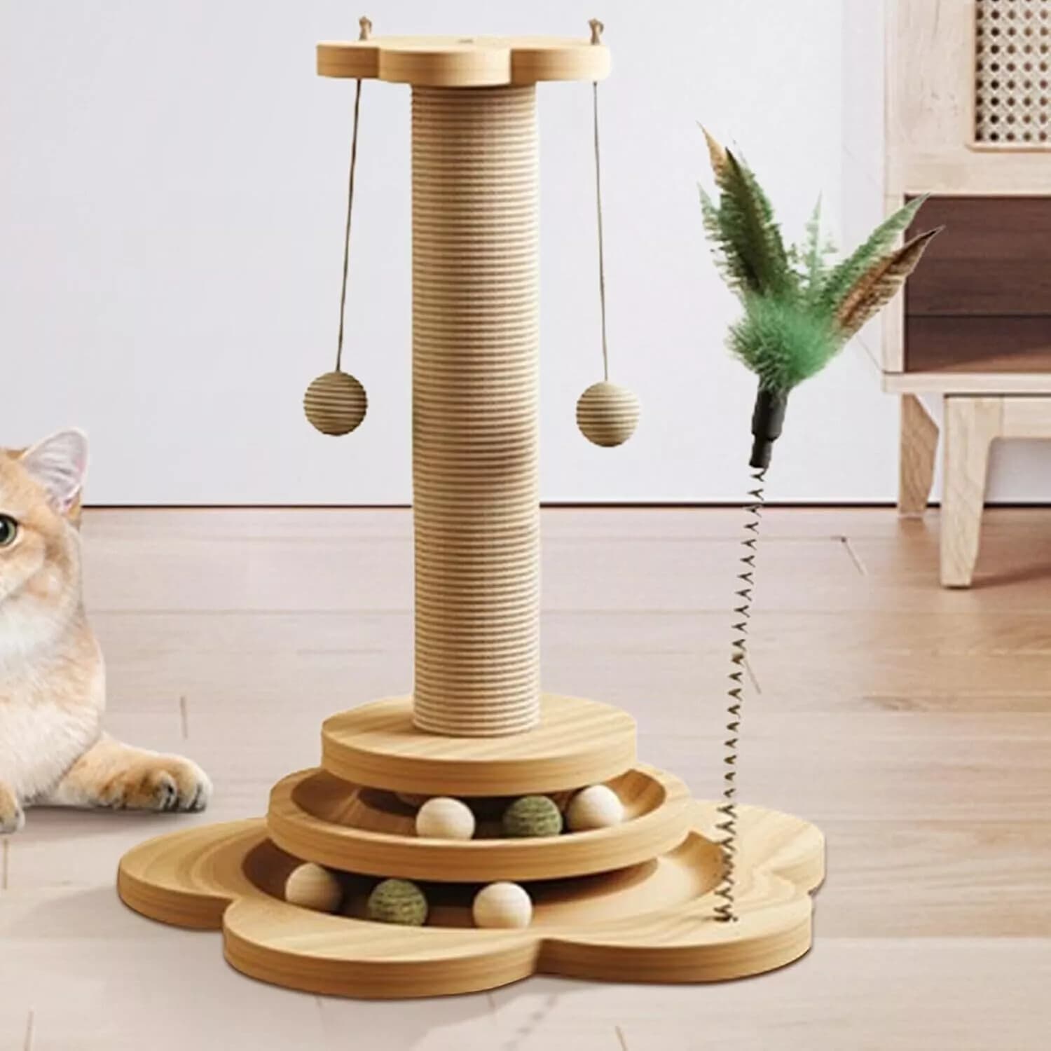 Wooden Cat Activity Centre with Scratching Post and Ball Track - image 3