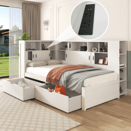 White Single Cabin Bed with Trundle, Storage and USB Ports - White